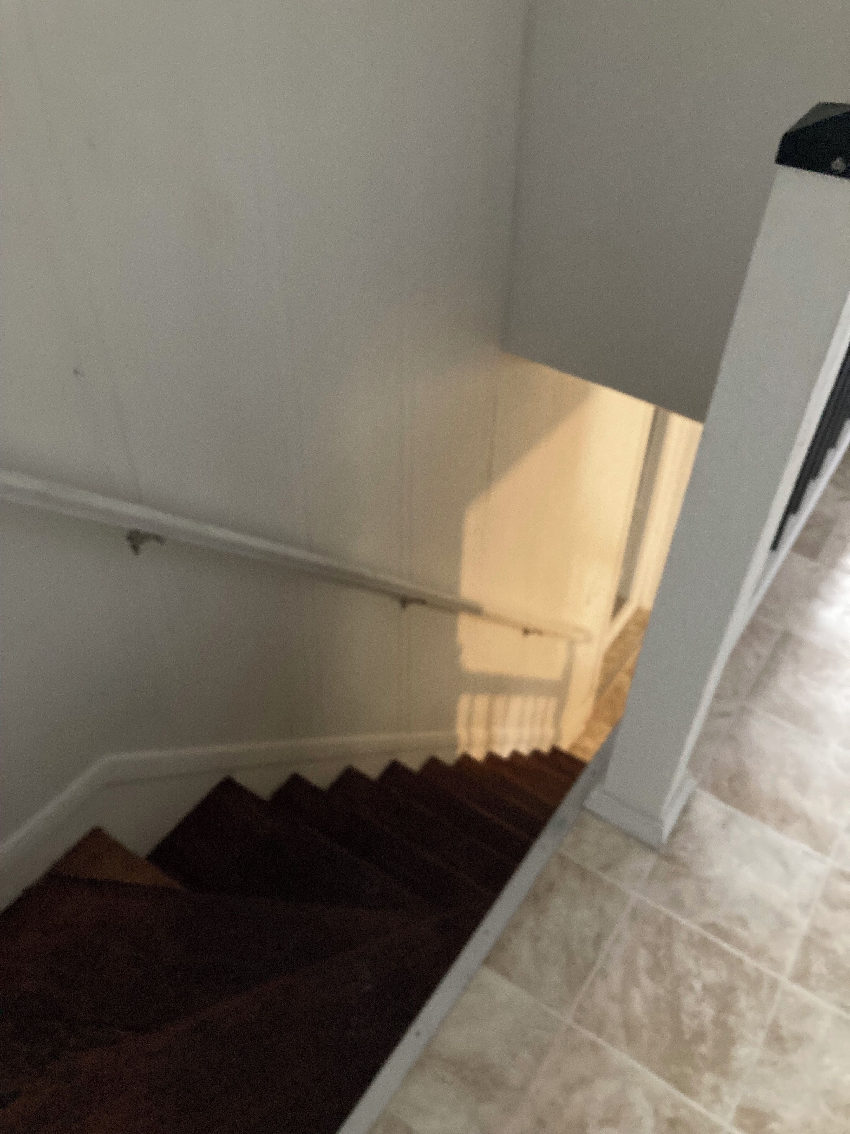 Una escalera con barandilla, peldaños alfombrados y suelo de baldosas.