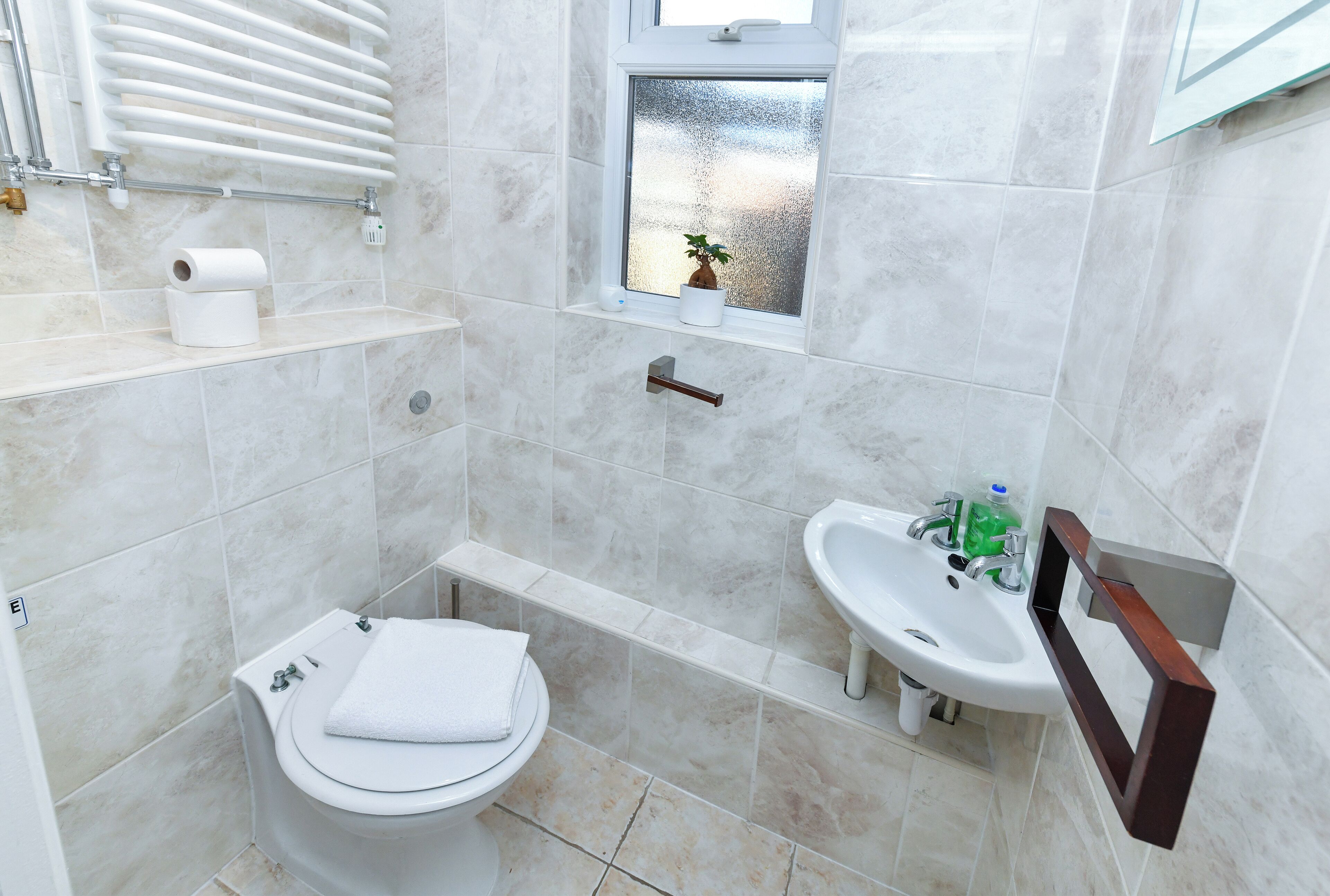 A bathroom with a toilet, a sink, a window with a plant, and a towel rack.
