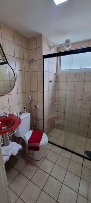Hair dryer, towels, soap, toilet paper