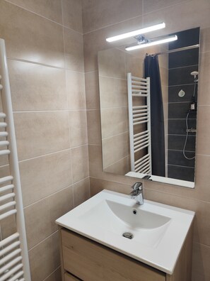 Shower, hair dryer, towels, soap