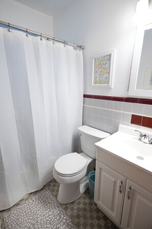 A bathroom with a shower curtain, toilet, sink, and cabinets. - The Hibiscus Haven~ centrally located near hospital/ downtown Stuart (Stuart)
