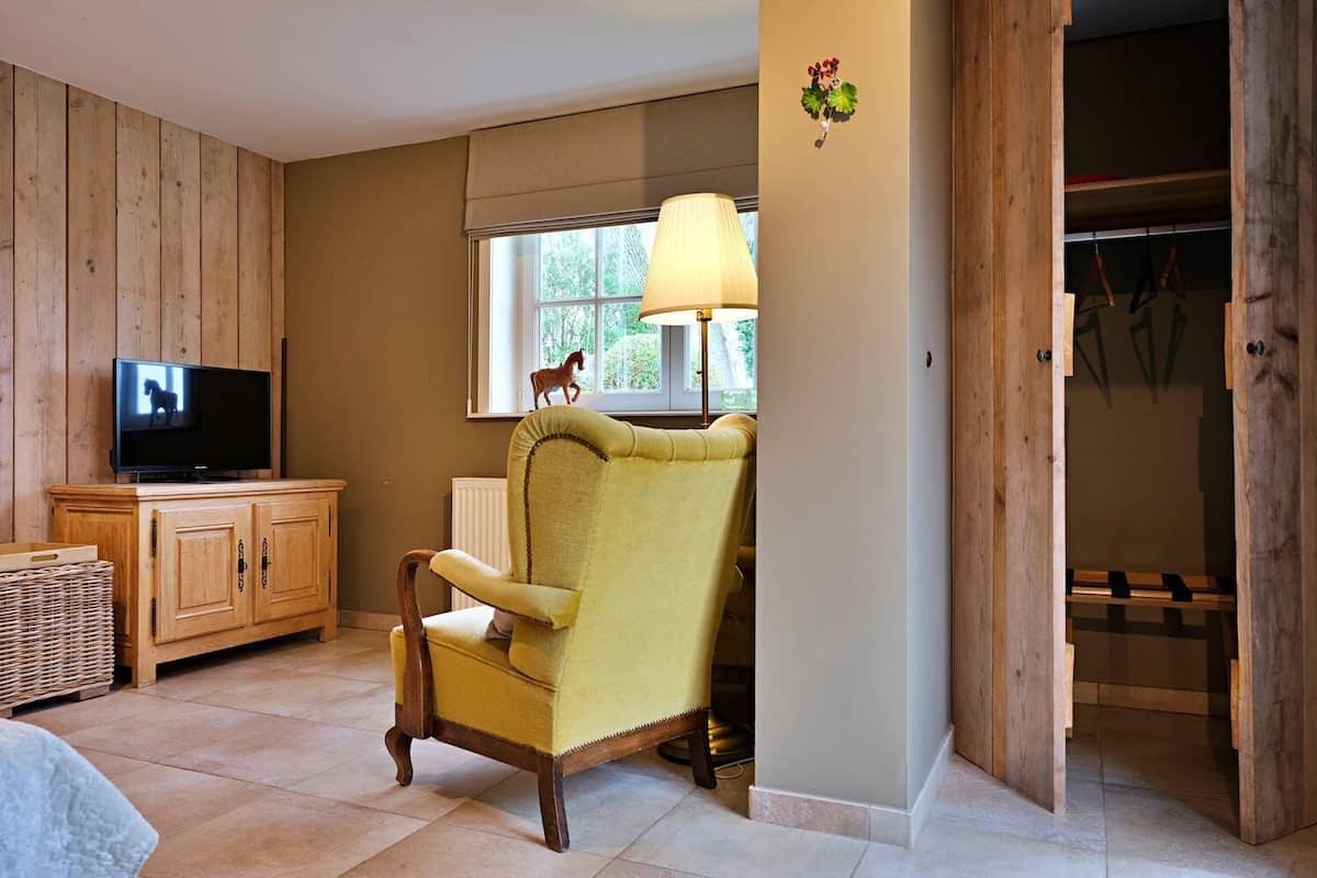 A room with a wooden paneled wall, a television on a wooden cabinet, a yellow armchair, a window with a view of trees, and a wooden wardrobe.