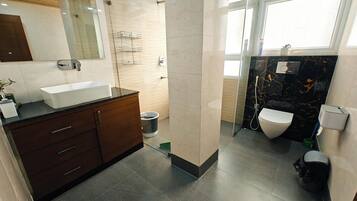 Shower, towels, soap, toilet paper
