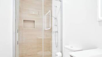 A modern bathroom with a glass shower enclosure, a toilet, and a sink.