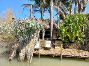 Une jetée en bois s’étendant dans une étendue d’eau, entourée d’une végétation tropicale et de palmiers.