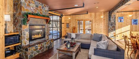 Smart TV, chimenea, reproductor de DVD y libros