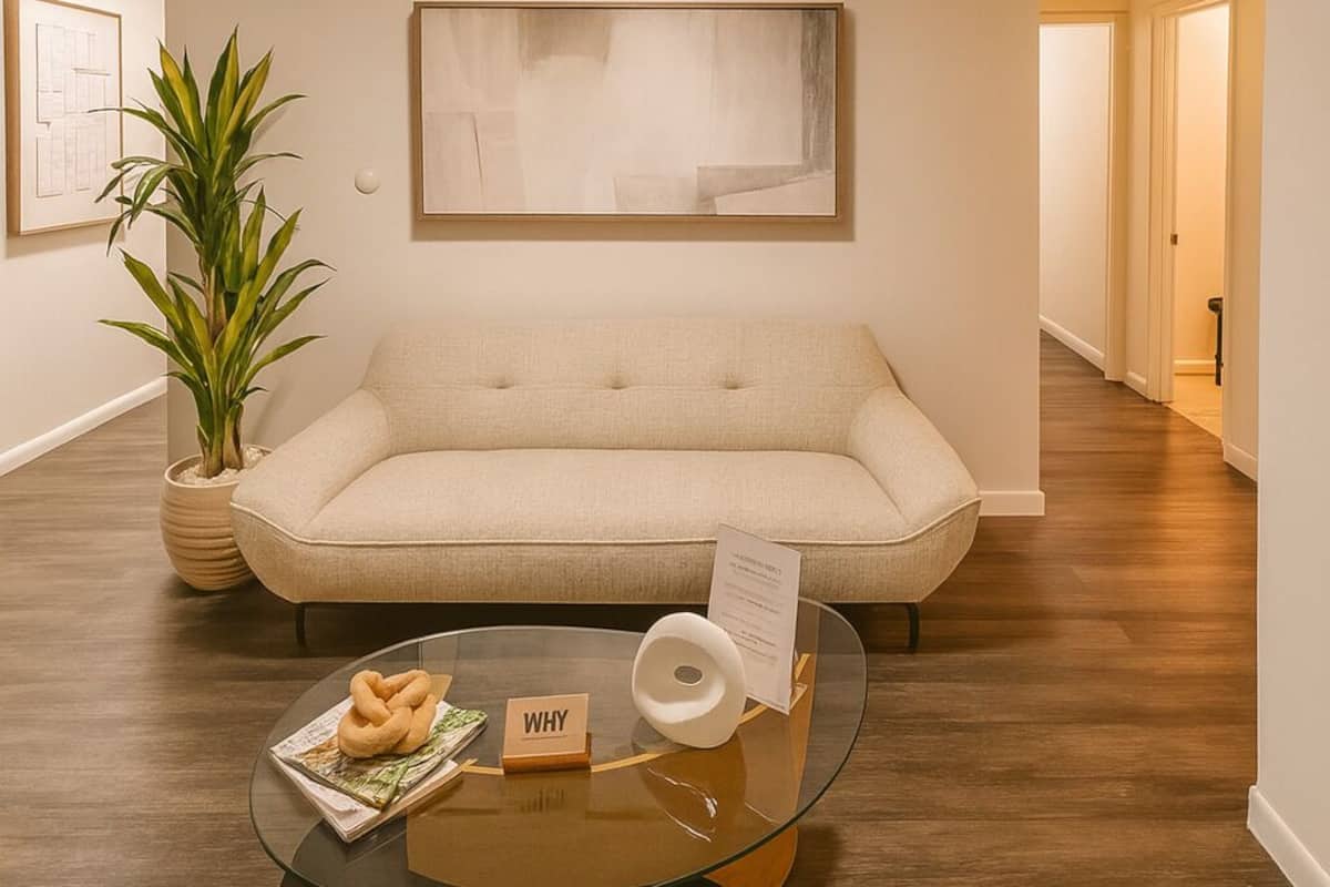 Ein Wohnzimmer mit einem beigefarbenen Sofa, einem Glastisch mit einem Buch und einem kleinen Schild, einer Topfpflanze und einem gerahmten abstrakten Gemälde an der Wand.