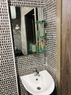 Shower, towels, soap, toilet paper
