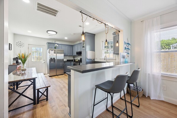 Fridge, microwave, oven, stovetop