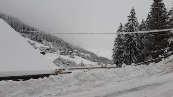 Eine verschneite Landschaft mit einem teilweise mit Schnee bedeckten Haus, umgeben von Bäumen und einer Stromleitung.