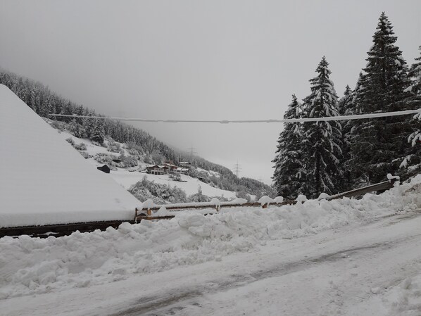 A snowy landscape with a house partially covered in snow, surrounded by trees and a power line. - Apartment Waldnah (Fließ)