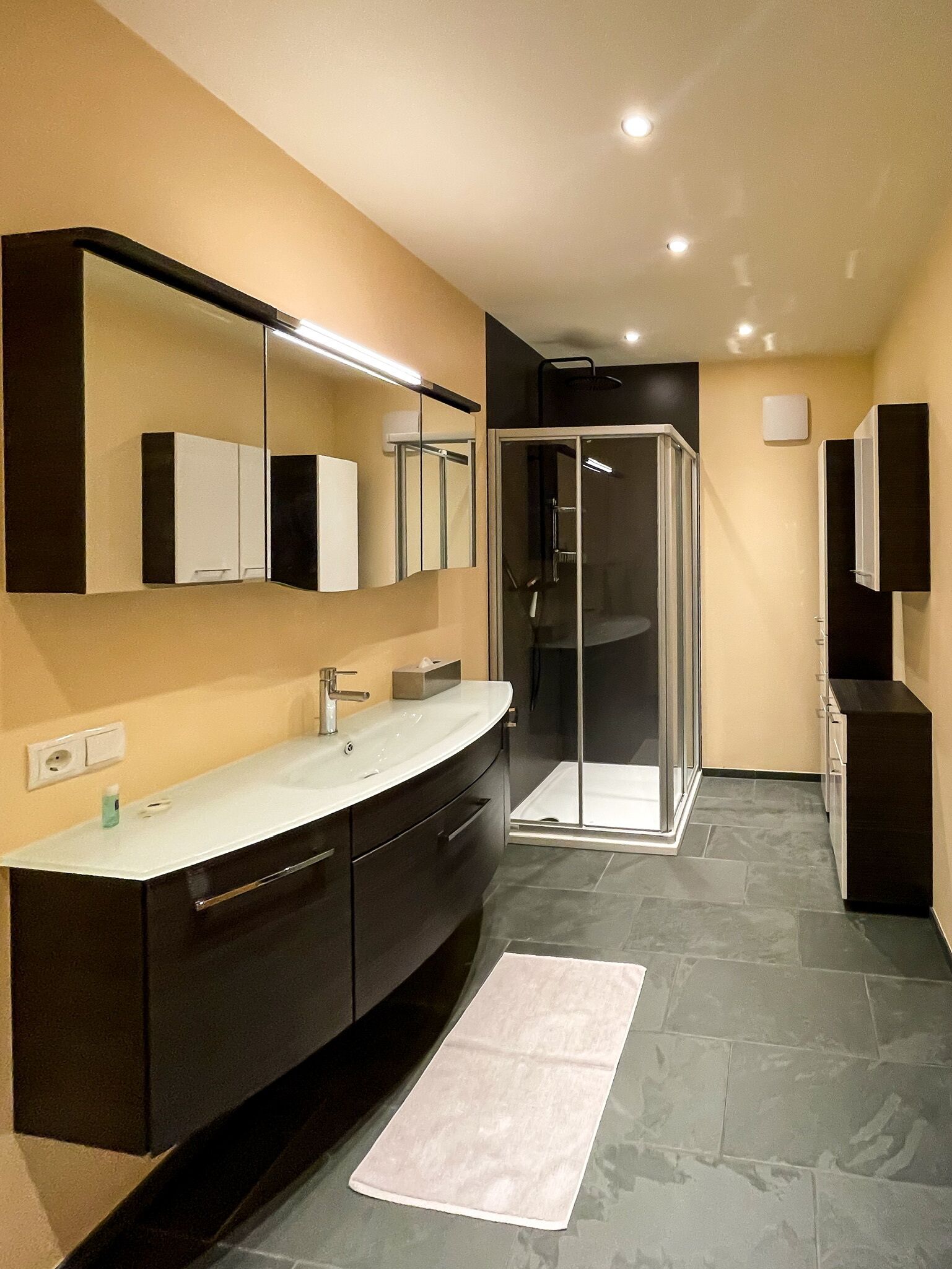 Ein modernes Badezimmer mit einem großen Spiegel, einem weißen Waschbecken, dunklen Schränken, einer Glasdusche und einem hellen Teppichboden.