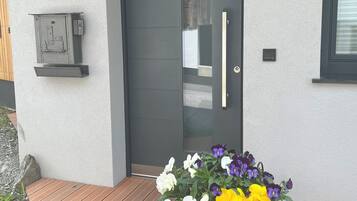 A modern exterior with a dark door, a metal gate, and a planter with flowers.