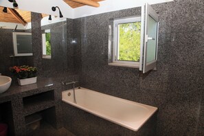 Douche, sèche-cheveux, bidet, serviettes fournies