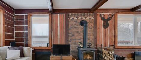 Een televisie, een open haard en boeken