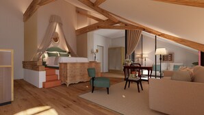 A bedroom with a canopy bed, a wooden wardrobe, a desk with a chair, and a sofa in a loft-style room with exposed beams. - Castel Sallegg Suites Adults only (Caldaro Sulla Strada del Vino)