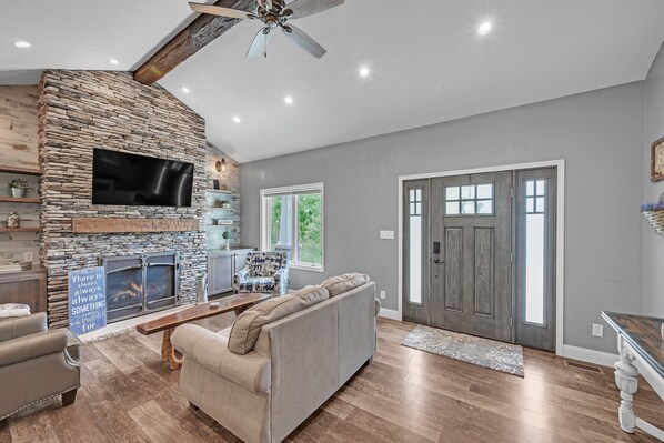 Smart TV, fireplace, table tennis, books