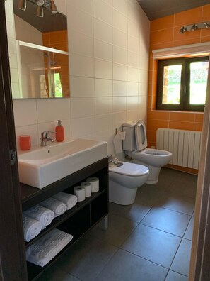 Hårføner, bidé, håndklær og såpe