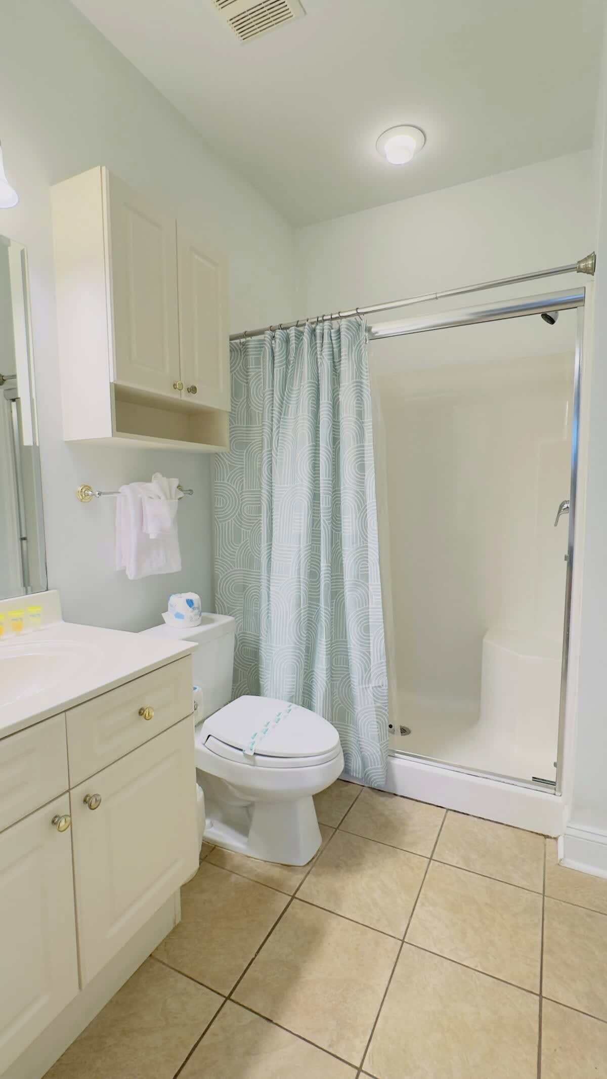 Une salle de bain équipée de toilettes, d’un lavabo, d’un miroir et d’une douche avec un rideau.