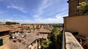 A view of a historic town with terracotta-roofed buildings, a clear sky, and a distant mountain range. - Abbadia Panoramic Terrace (Siena)