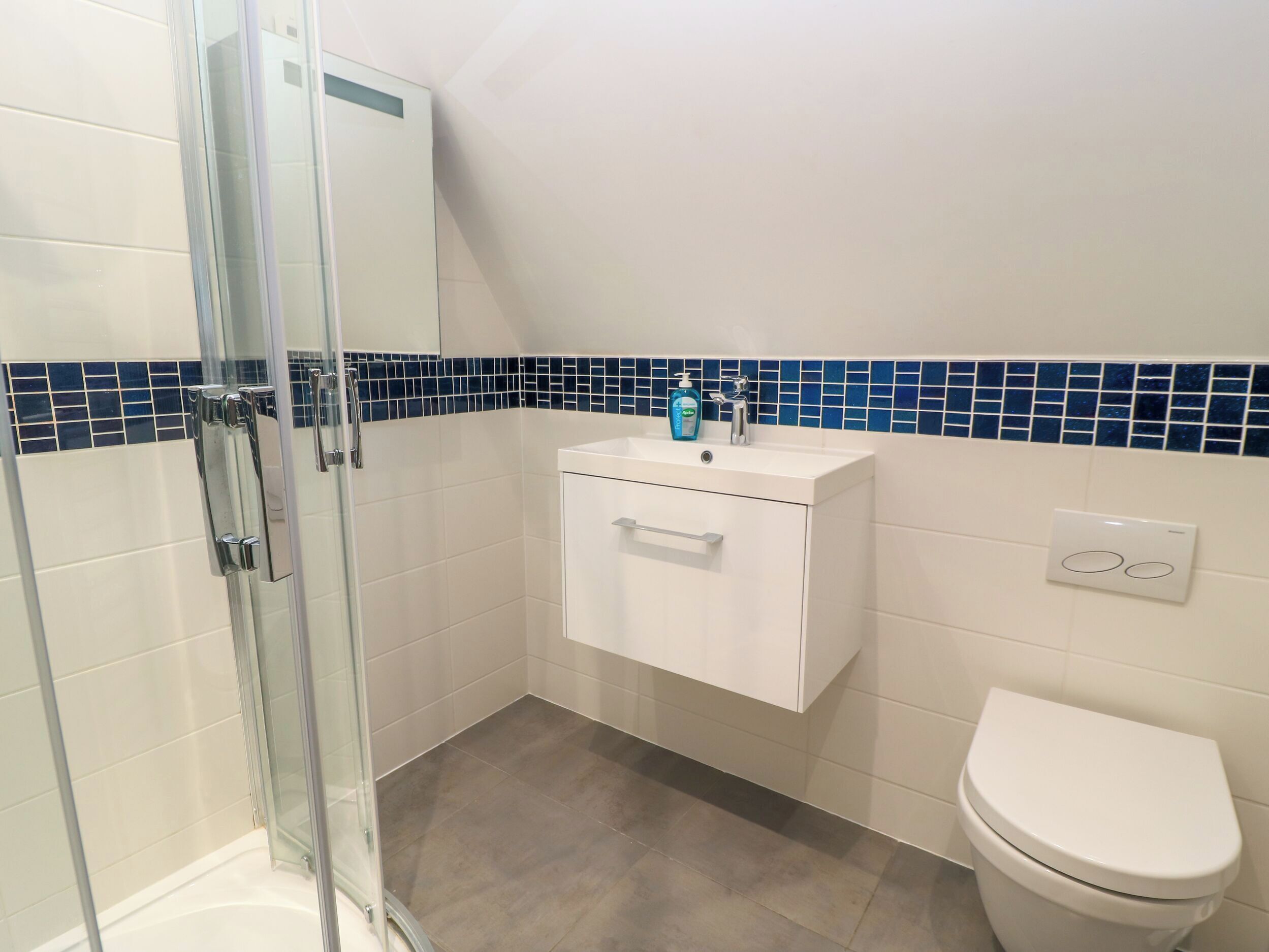 Un baño con cabina de ducha de vidrio, un lavabo blanco con dispensador de jabón azul y un inodoro blanco.