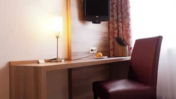 In-room safe, desk, laptop workspace, blackout curtains