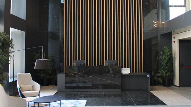 A modern lobby with a geometric patterned rug, a lounge chair, a desk, and a vertical wooden panel wall. - Welco Valdebebas (Madrid)