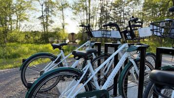 Varias bicicletas estacionadas en fila, cada una con una cesta y una etiqueta.