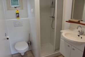 Ein Badezimmer mit Toilette, einer Duschkabine und einem Waschbecken mit Spiegel darüber.