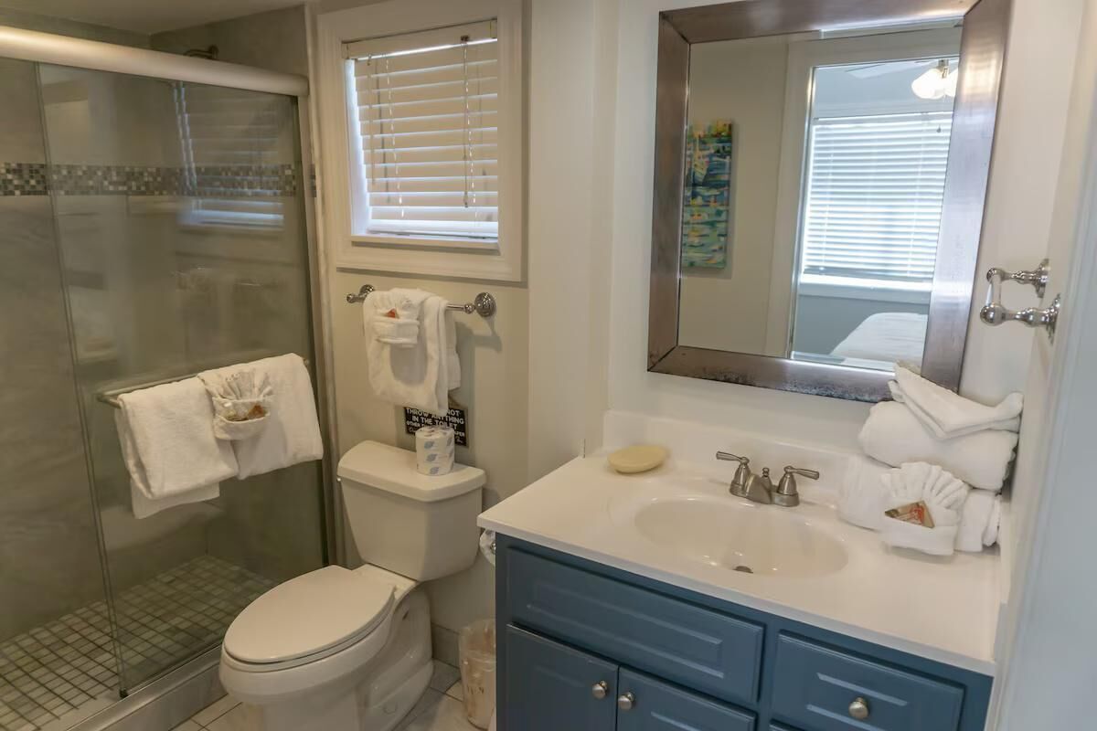 A bathroom with a glass-enclosed shower, a toilet, a sink with a mirror, and blue cabinets.