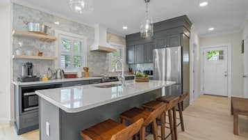 High chair, cookware/dishes/utensils, kitchen islands