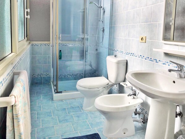 Une salle de bain avec une douche à parois en verre, des toilettes et un lavabo.