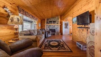 Smart TV, chimenea, reproductor de DVD y estéreo