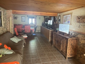 Smart TV, fireplace, table football, books