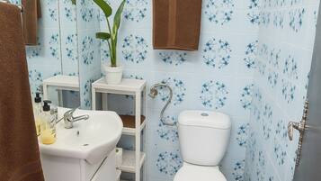 A bathroom with a toilet, sink, and a potted plant.