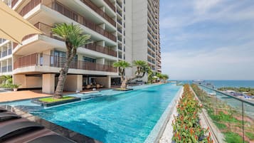 Outdoor pool, pool umbrellas, pool loungers