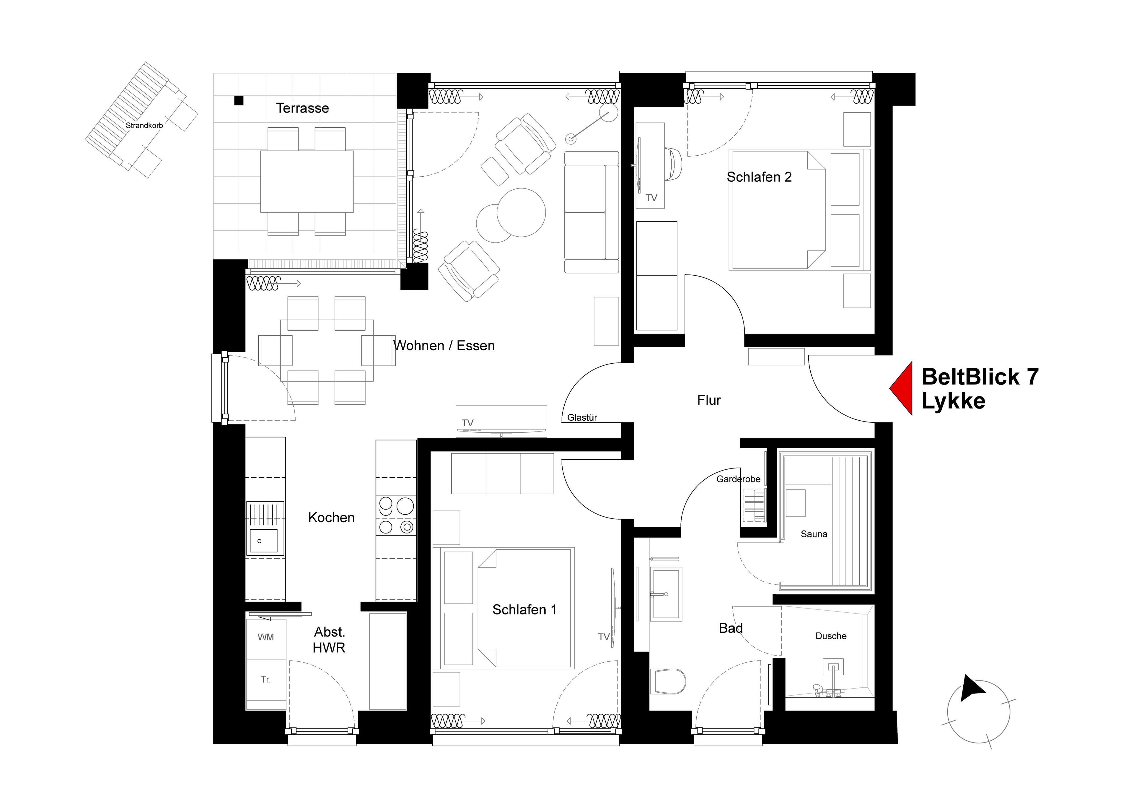 A floor plan of a hotel with labeled rooms including a terrace, two bedrooms, a bathroom, a kitchen, and a living area.