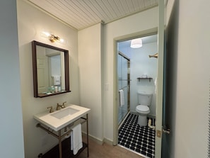 Hair dryer, towels, soap, toilet paper