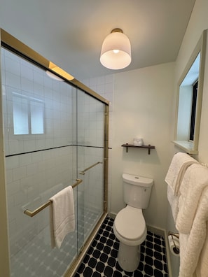 Hair dryer, towels, soap, toilet paper