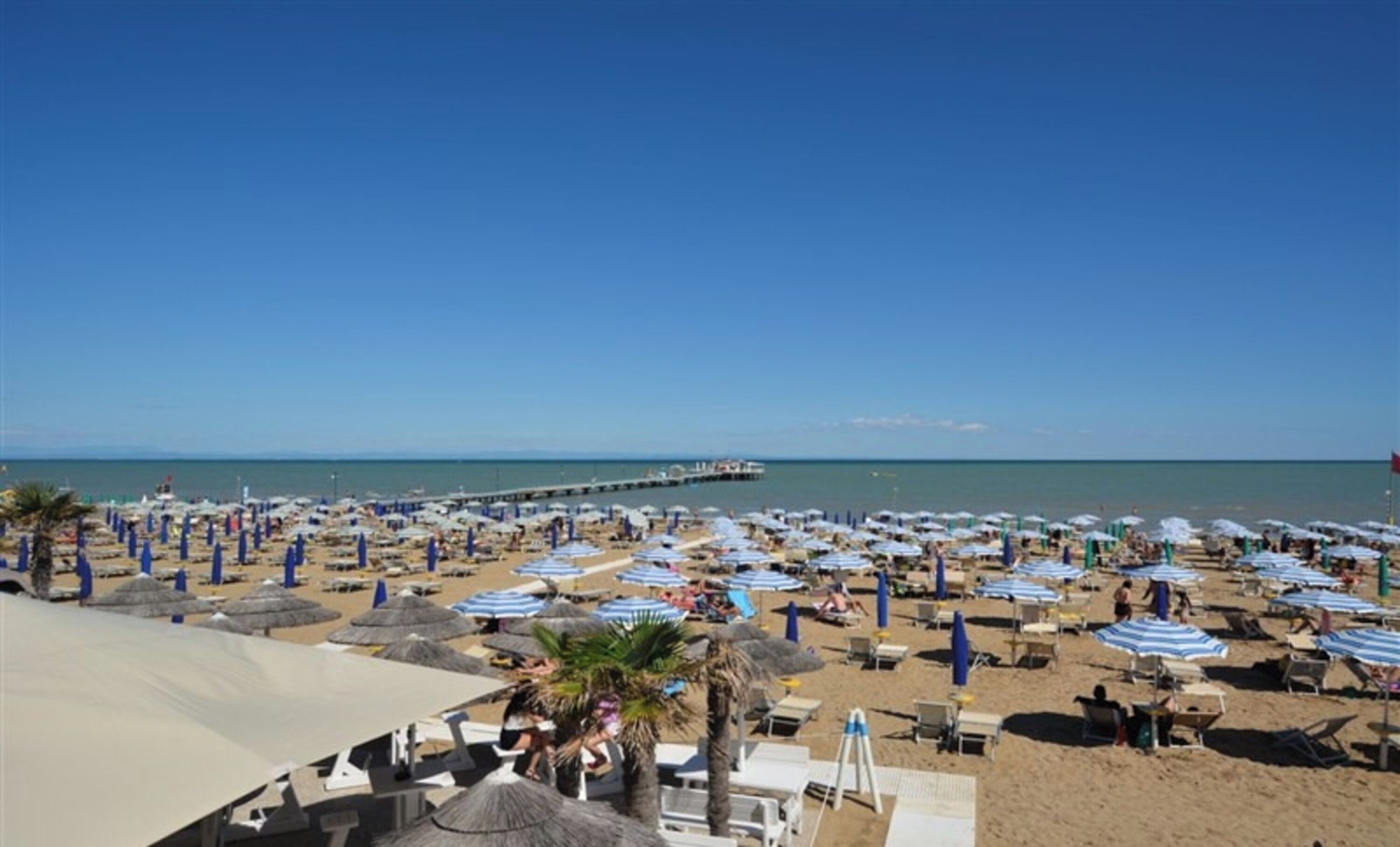 A beach with numerous umbrellas and sun loungers, a pier extending into the sea, and clear skies.