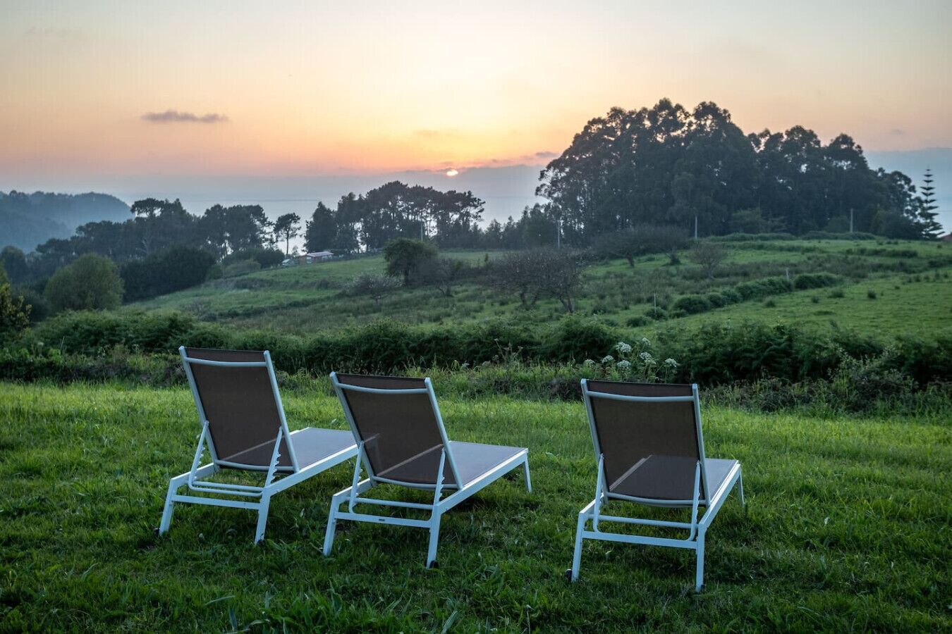 Drei weiße Lounge-Stühle mit braunen Kissen auf einer grünen Wiese mit Blick auf Bäume und einem Sonnenuntergang im Hintergrund.