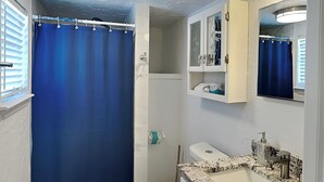 Une salle de bain avec un rideau de douche bleu, des toilettes blanches, un lavabo avec un plan de travail en marbre et un miroir au-dessus du lavabo.
