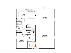 A floor plan with a kitchen, dining room, living room, bathroom, and bedroom, each with specified dimensions.