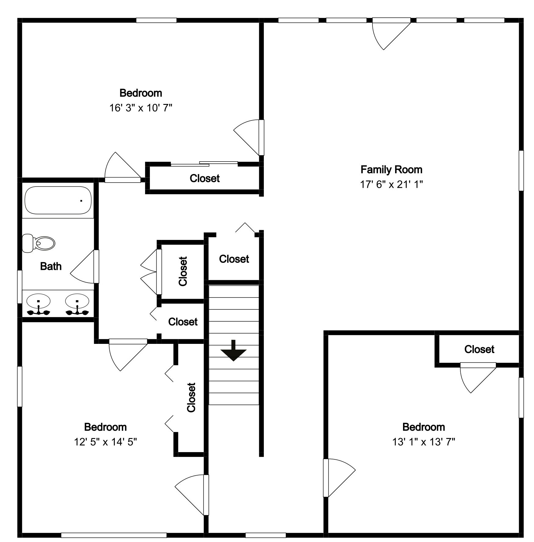 Plano de planta que muestra una sala familiar de 5,33 x 6,43 metros, dos dormitorios de 4,93 x 3,23 metros y 3,96 x 4,14 metros, un baño y armarios.