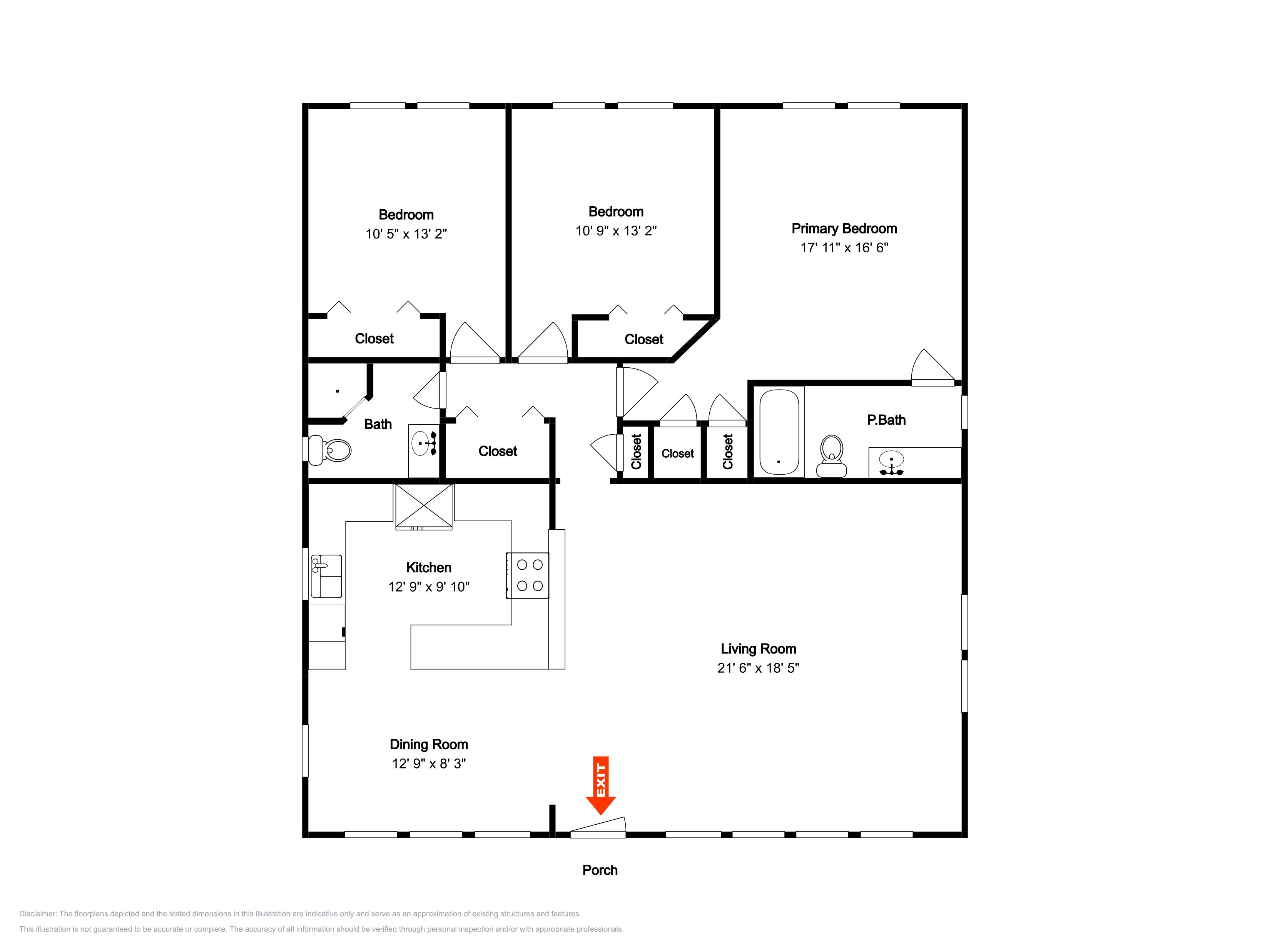 Ein Grundriss mit einem Hauptschlafzimmer, zwei kleineren Schlafzimmern, einer Küche, einem Esszimmer, einem Wohnzimmer, einem Badezimmer und einer Veranda.