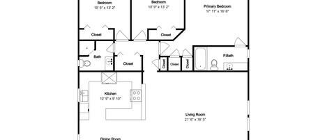 Ein Grundriss mit einem Hauptschlafzimmer, zwei kleineren Schlafzimmern, einer Küche, einem Esszimmer, einem Wohnzimmer, einem Badezimmer und einer Veranda.