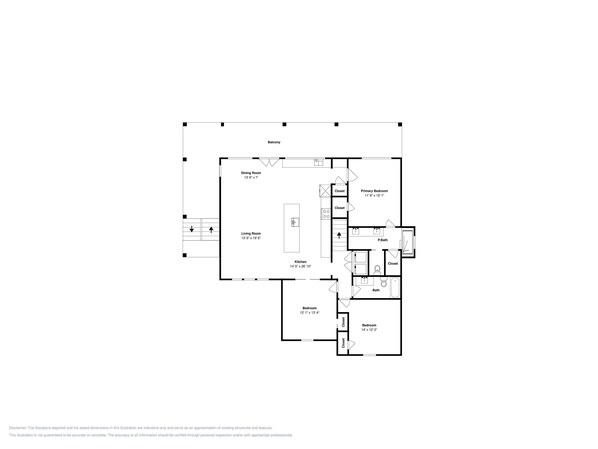 Een plattegrond met een eetkamer, woonkamer, keuken, twee slaapkamers en een badkamer.