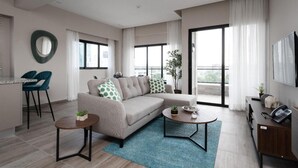 A modern living room with a beige sofa, two side tables, a coffee table, and a TV. There are two windows with curtains, a balcony visible through the windows, and a ring light on the wall. - RL1 707 in Santo Domingo de Guzm n (Santo Domingo)