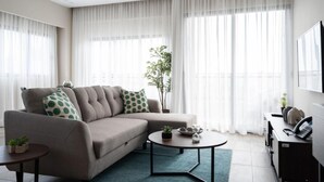 A modern living room with a sofa, coffee table, and a plant. - RL1 707 in Santo Domingo de Guzm n (Santo Domingo)