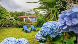 Une maison avec un toit recouvert de tuiles rouges, entourée d’une végétation luxuriante et de fleurs d’hortensias bleues.